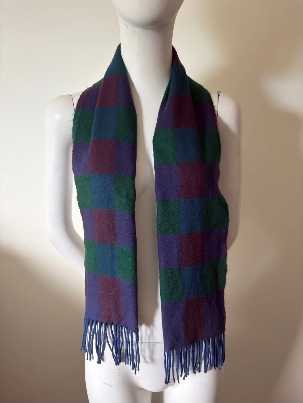 Christian Dior Plaid Fringe Scarf in Green, Blue & Purple Made in France